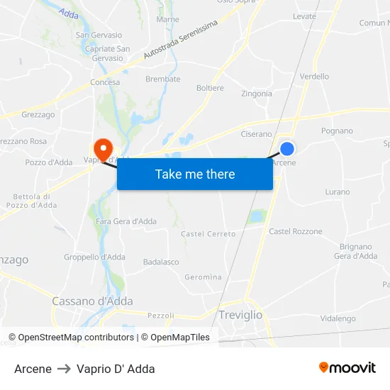 Arcene to Vaprio D' Adda map