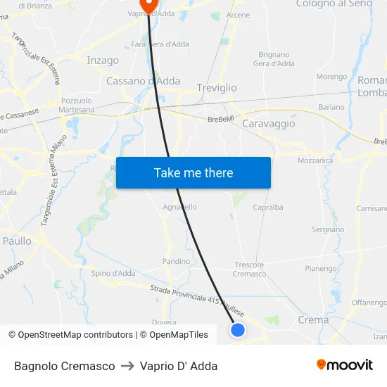 Bagnolo Cremasco to Vaprio D' Adda map