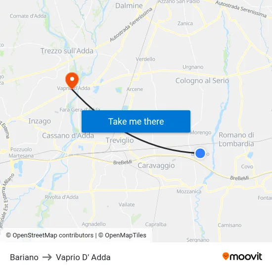 Bariano to Vaprio D' Adda map
