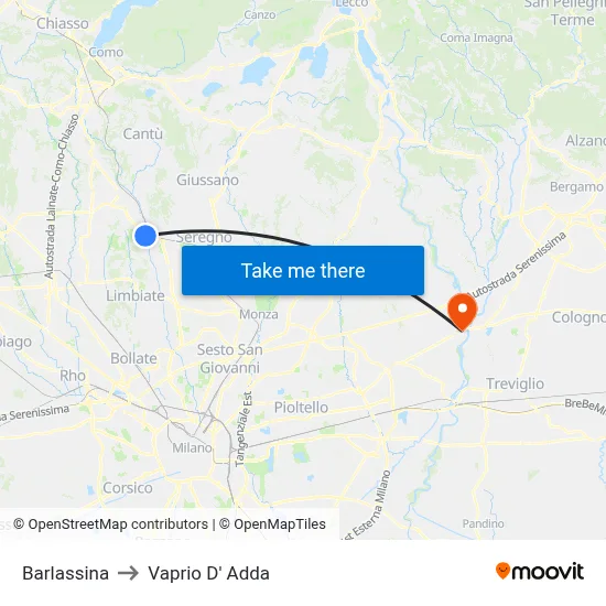 Barlassina to Vaprio D' Adda map