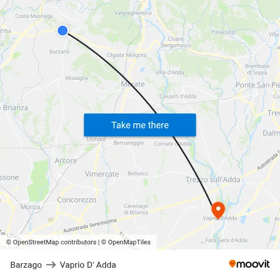 Barzago to Vaprio D' Adda map