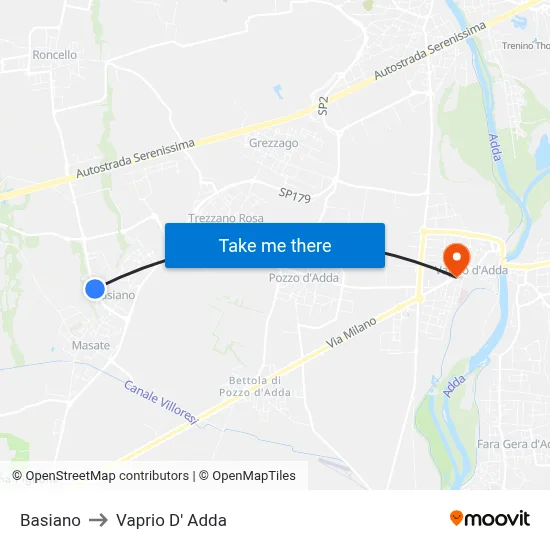 Basiano to Vaprio D' Adda map