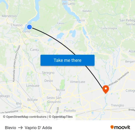 Blevio to Vaprio D' Adda map