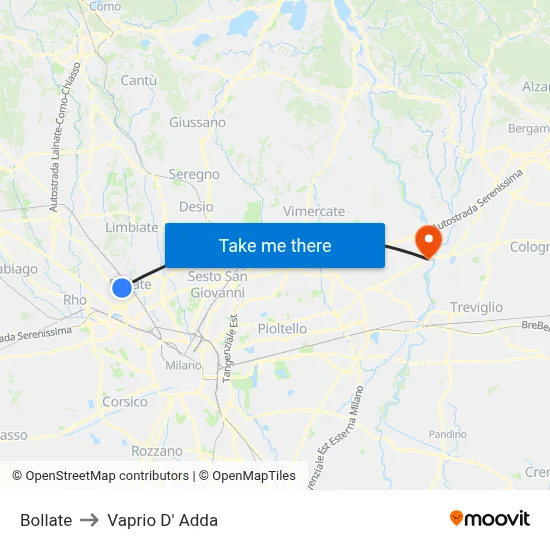Bollate to Vaprio D' Adda map