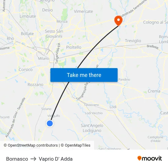 Bornasco to Vaprio D' Adda map