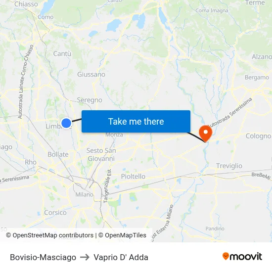 Bovisio-Masciago to Vaprio D' Adda map
