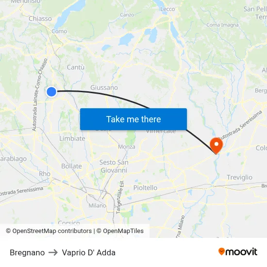 Bregnano to Vaprio D' Adda map
