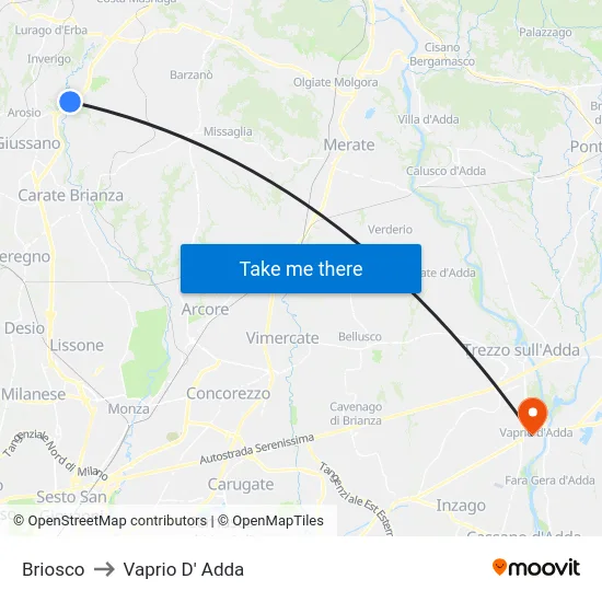 Briosco to Vaprio D' Adda map