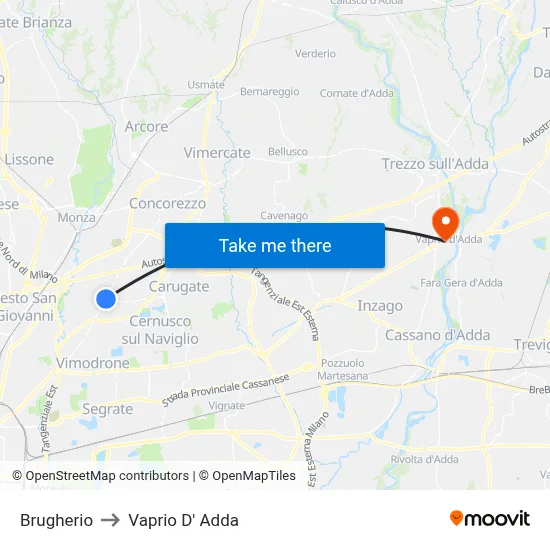 Brugherio to Vaprio D' Adda map