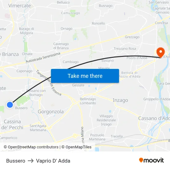 Bussero to Vaprio d'Adda map