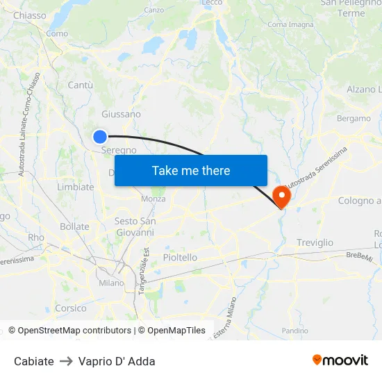 Cabiate to Vaprio d'Adda map