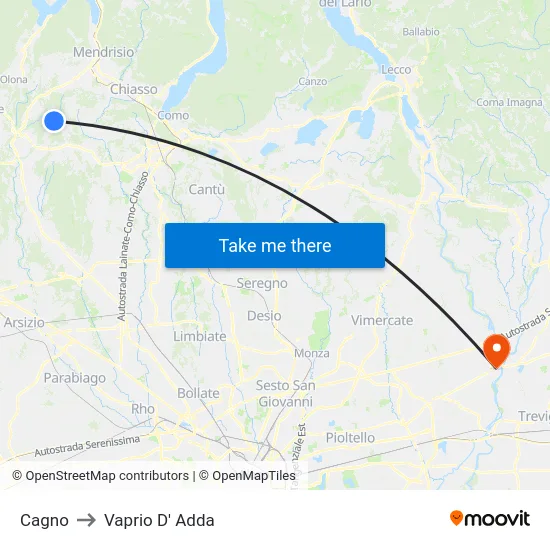 Cagno to Vaprio d'Adda map