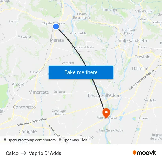 Calco to Vaprio d'Adda map