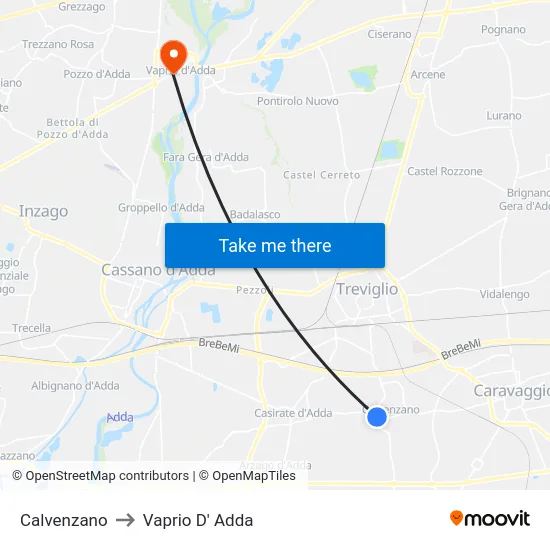 Calvenzano to Vaprio d'Adda map