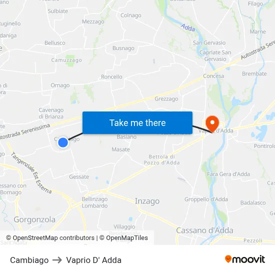 Cambiago to Vaprio D' Adda map