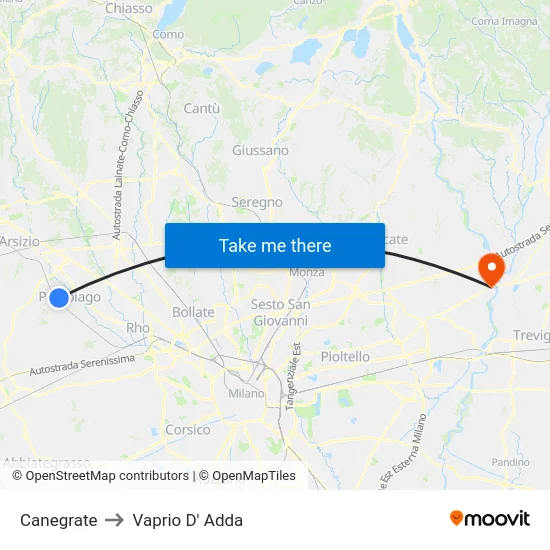 Canegrate to Vaprio D' Adda map