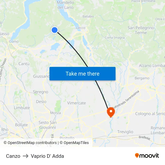 Canzo to Vaprio d'Adda map