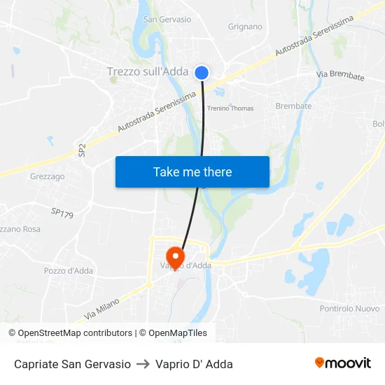 Capriate San Gervasio to Vaprio d'Adda map