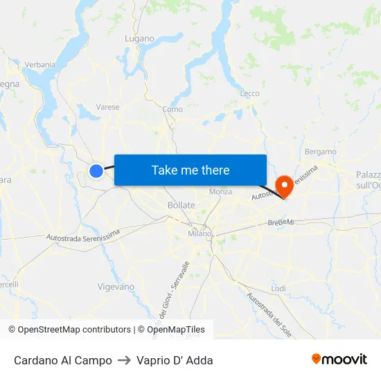 Cardano al Campo to Vaprio d'Adda map