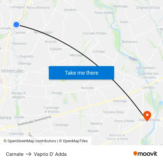 Carnate to Vaprio D' Adda map