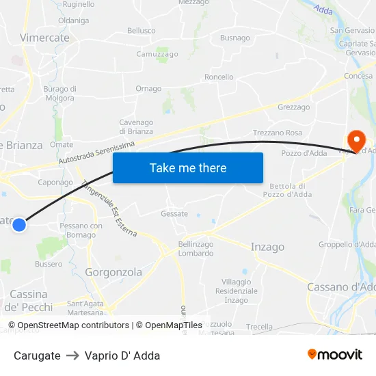 Carugate to Vaprio D' Adda map