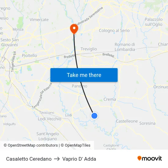 Casaletto Ceredano to Vaprio d'Adda map