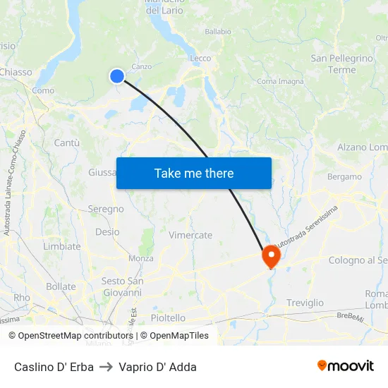 Caslino d'Erba to Vaprio d'Adda map