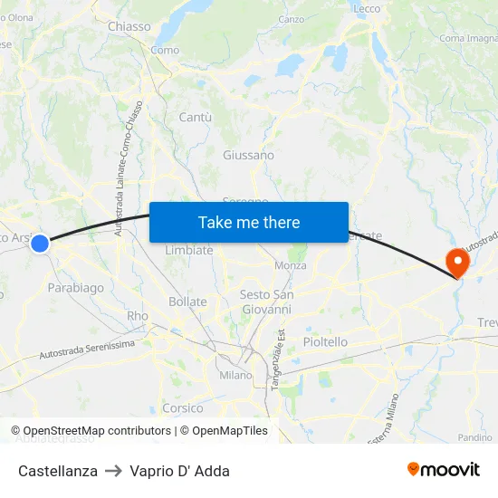 Castellanza to Vaprio D' Adda map
