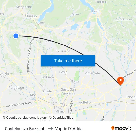 Castelnuovo Bozzente to Vaprio d'Adda map