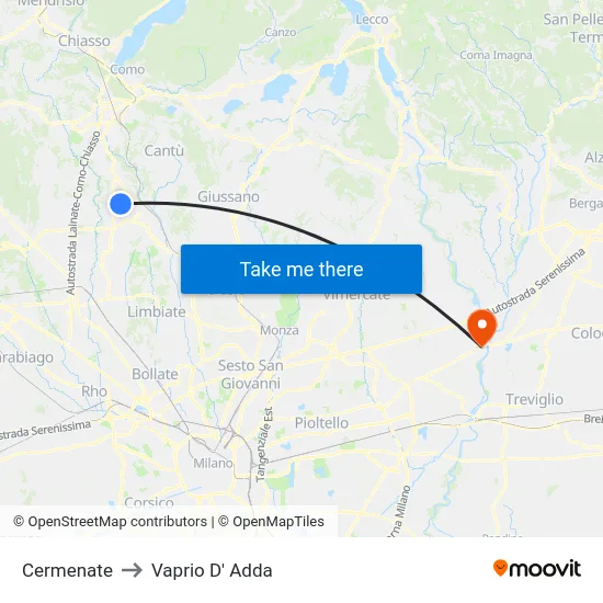 Cermenate to Vaprio D' Adda map