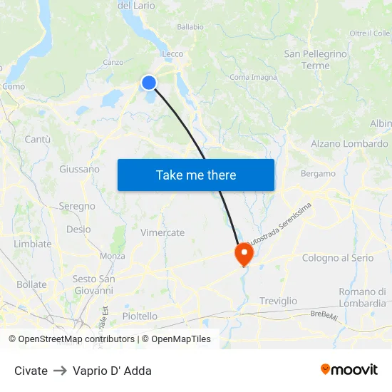 Civate to Vaprio D' Adda map