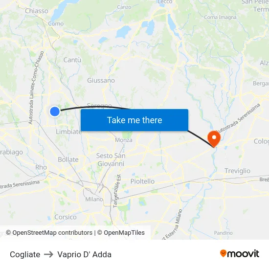 Cogliate to Vaprio D' Adda map