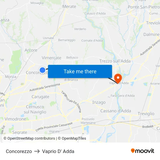 Concorezzo to Vaprio d'Adda map