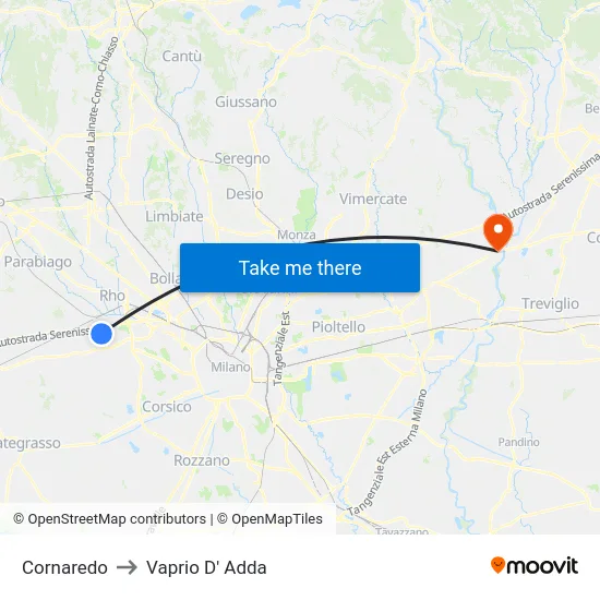 Cornaredo to Vaprio D' Adda map