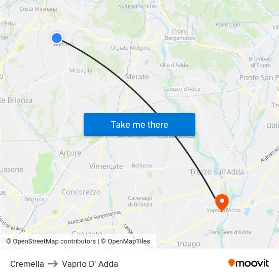 Cremella to Vaprio d'Adda map