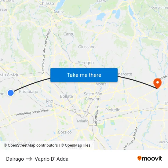Dairago to Vaprio d'Adda map