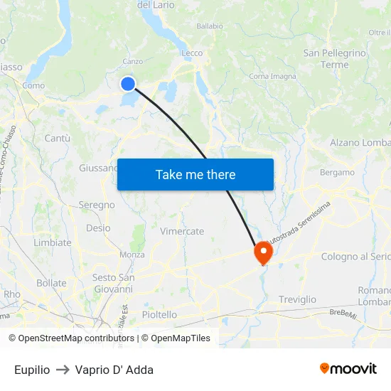 Eupilio to Vaprio d'Adda map