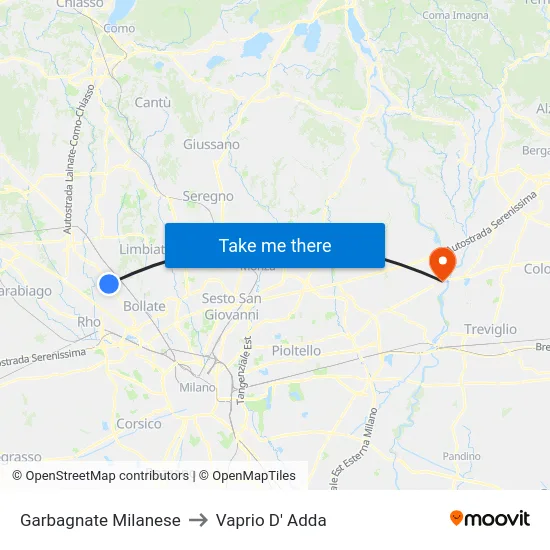 Garbagnate Milanese to Vaprio d'Adda map