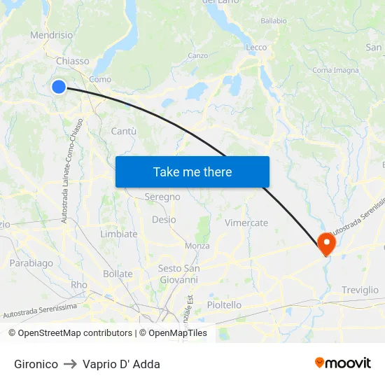 Gironico to Vaprio d'Adda map