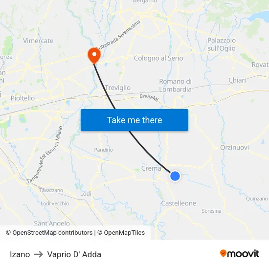 Izano to Vaprio d'Adda map