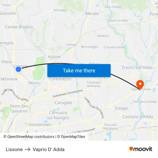 Lissone to Vaprio d'Adda map