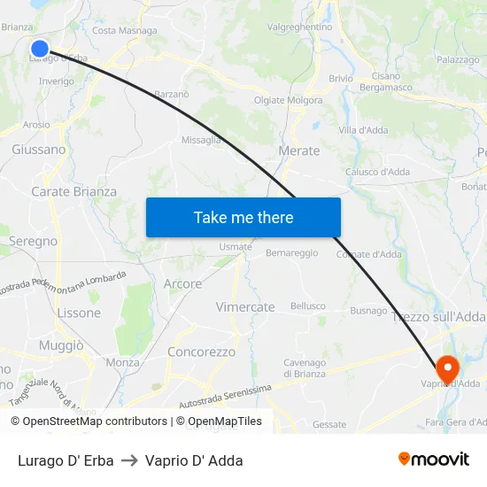 Lurago d'Erba to Vaprio d'Adda map