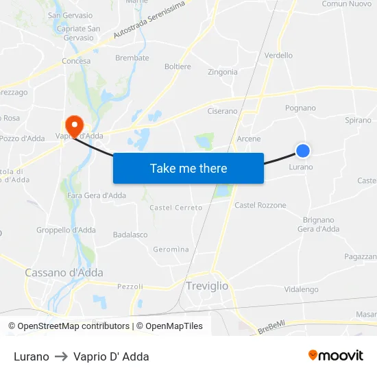 Lurano to Vaprio D' Adda map