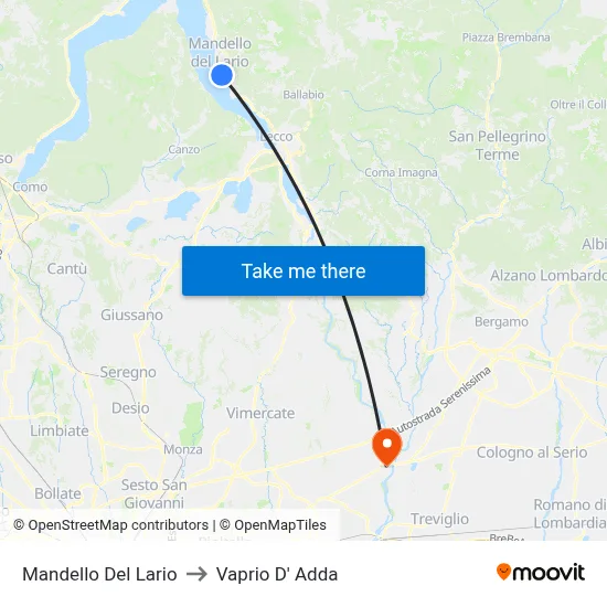 Mandello Del Lario to Vaprio d'Adda map