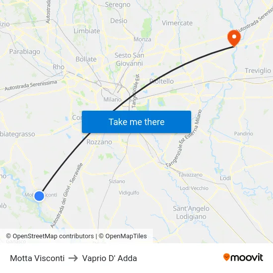 Motta Visconti to Vaprio D' Adda map