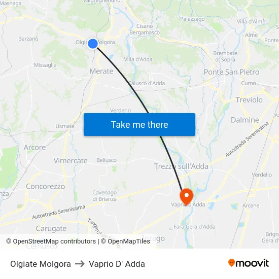 Olgiate Molgora to Vaprio D' Adda map