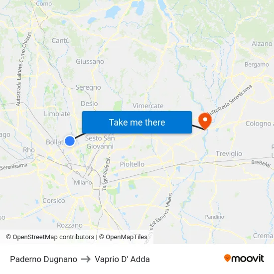 Paderno Dugnano to Vaprio D' Adda map
