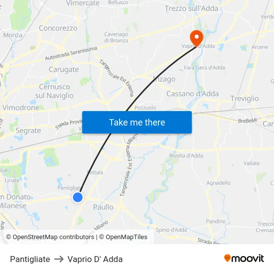 Pantigliate to Vaprio D' Adda map