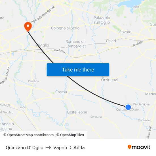 Quinzano D' Oglio to Vaprio d'Adda map