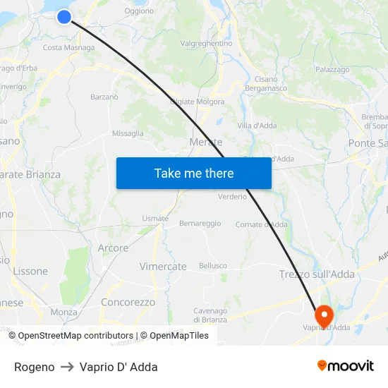 Rogeno to Vaprio D' Adda map